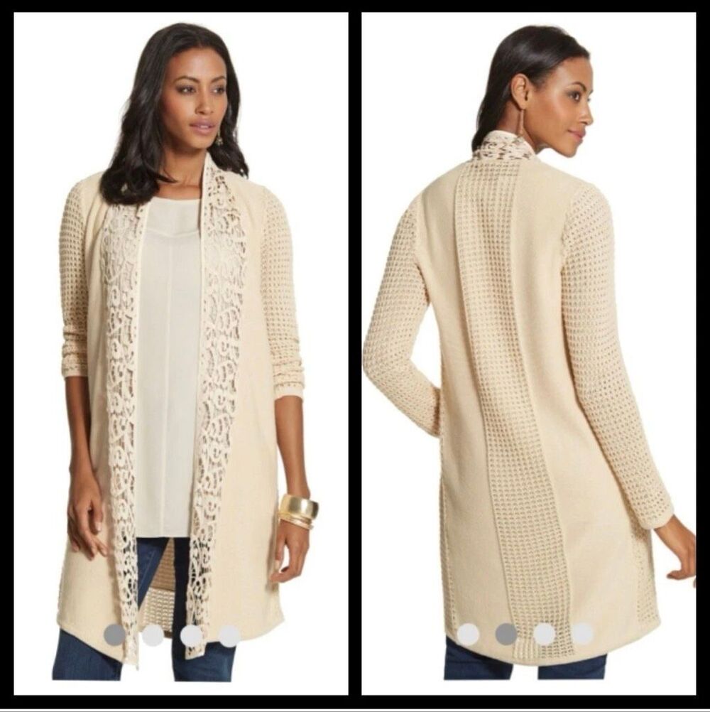 Chico's Women Open Long Knit Lace Cardigan  Cream